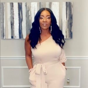 Off the shoulder light beige jumpsuit